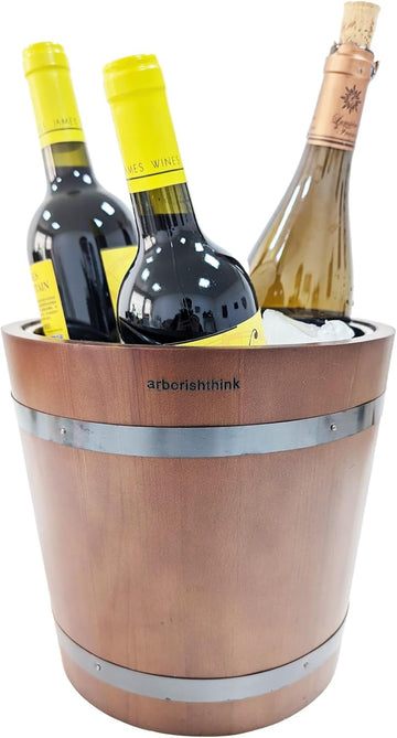 Insulated Wine Bucket, 4L Stainless Steel & Wood Wine Chiller Bucket for Wine, Champagne & Beer, Portable Wooden Ice