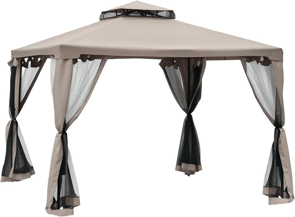 9.6' x 9.6' Patio Gazebo, Outdoor Canopy Shelter with 2-Tier Roof and Netting, Steel Frame and Deck, Taupe