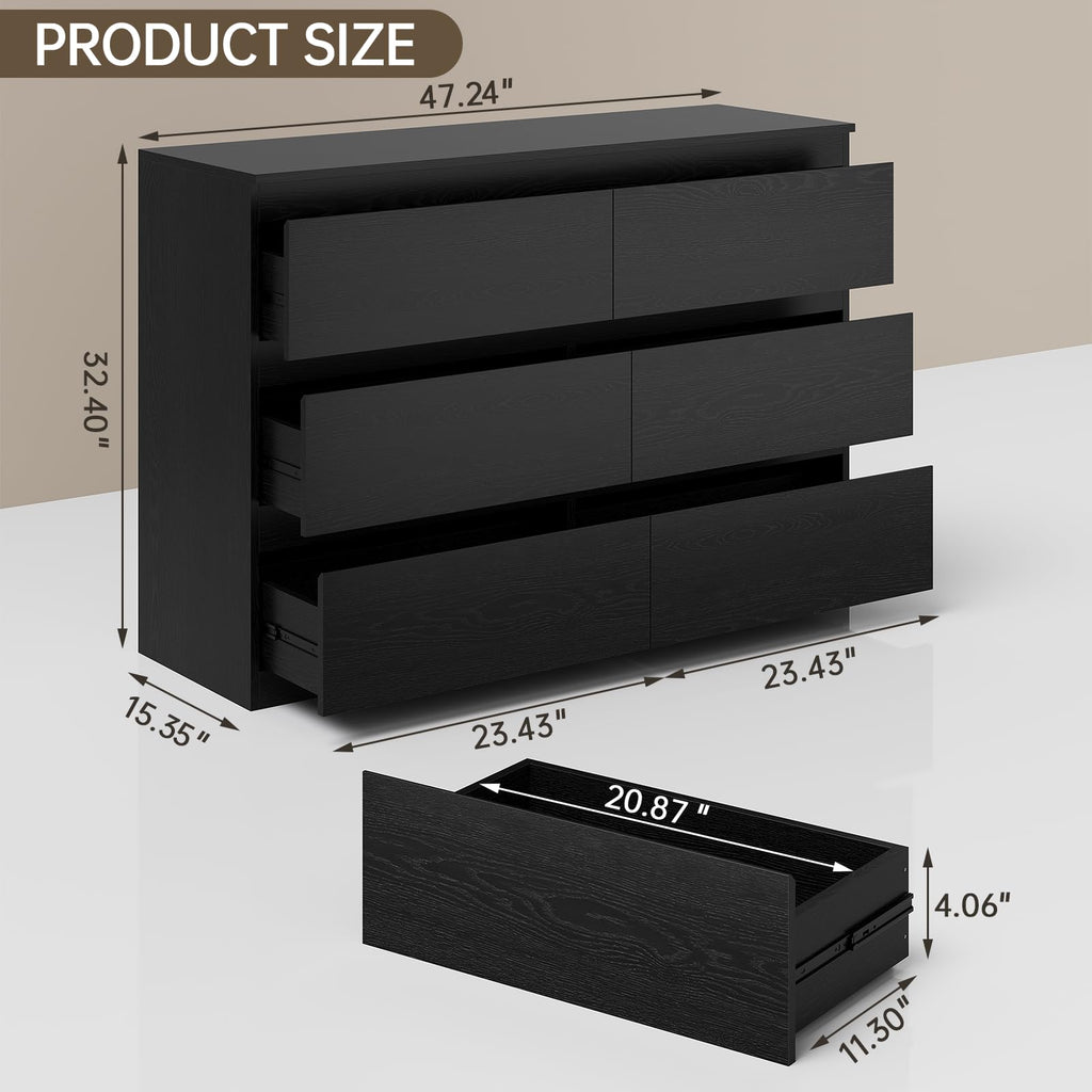 Black Wood Dresser 6 Drawer, 47" Wide Clothes Chest