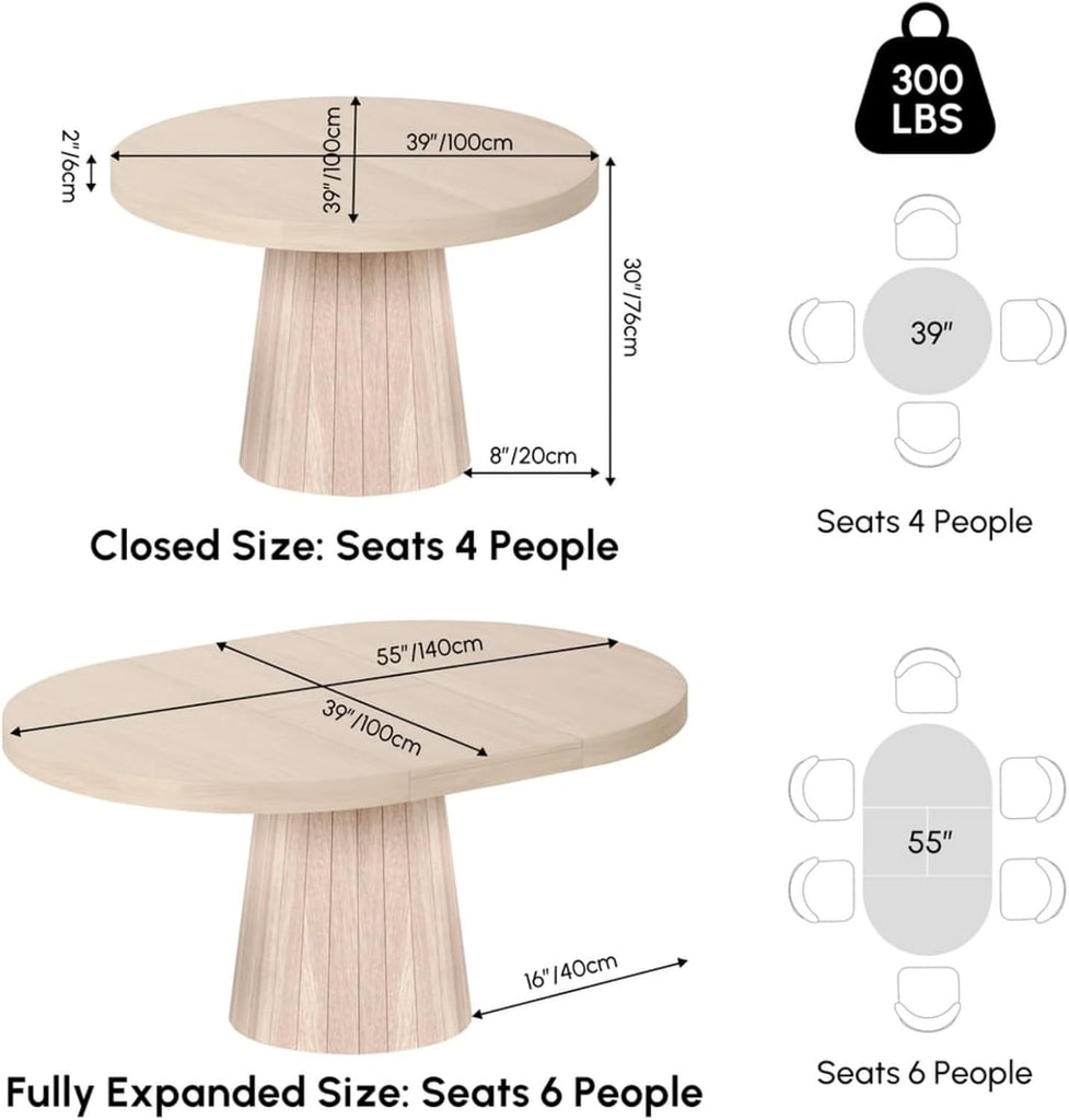 Extendable Dining Table Round-to-Oval 39"-55" with Pedestal Base - Seats 4-6, Wash White Finish, Smooth Rounded Corners