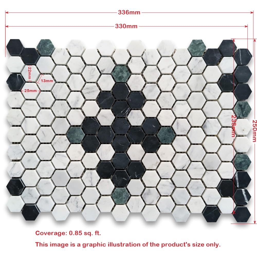 Carrara White Marble 1 inch Hexagon Starlight Mosaic Tile w/Norwegian Rose Pink Honed Kitchen Bath Wall Floor