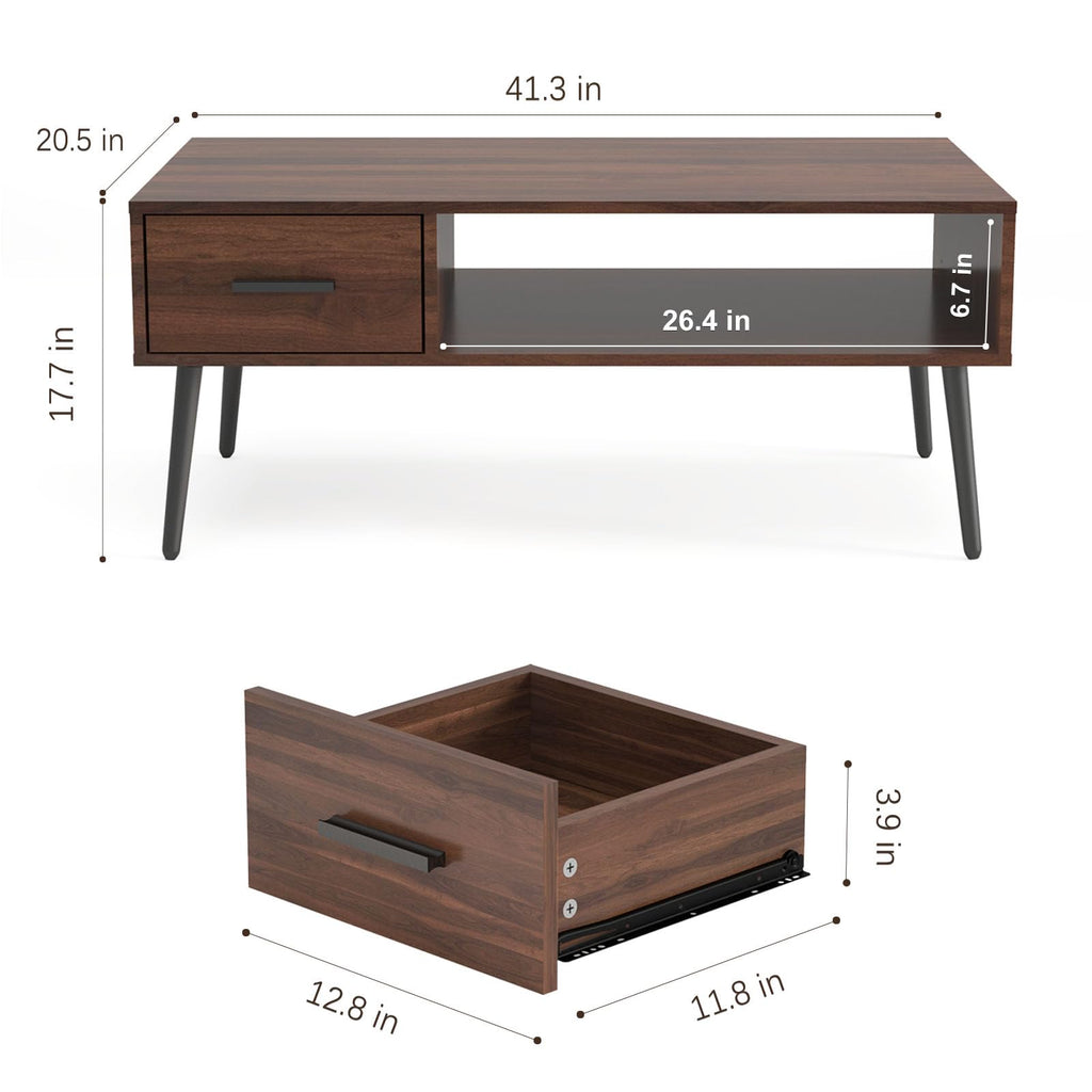Mid Century Modern Coffee Table with Storage -Walnut