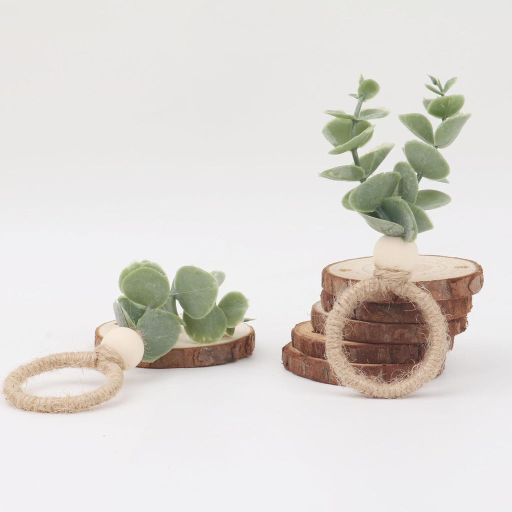 Napkin Rings with Artificial Eucalyptus Leaf Wood Bead Jute Rope for Christmas Farmhouse Wedding Home Dining - Set of 24