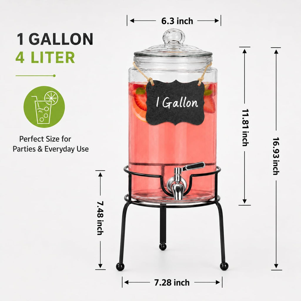 1 Gallon Beverage Dispenser 1 Pack, Stainless Steel Spigot Drink Dispenser for Parties with Stand, Clear Glass Drink