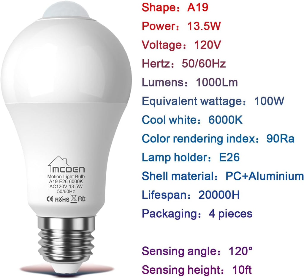 Motion Sensor Led Light Bulbs, 100W Equivalent E26 6000K 13.5W 120V, 4Pack