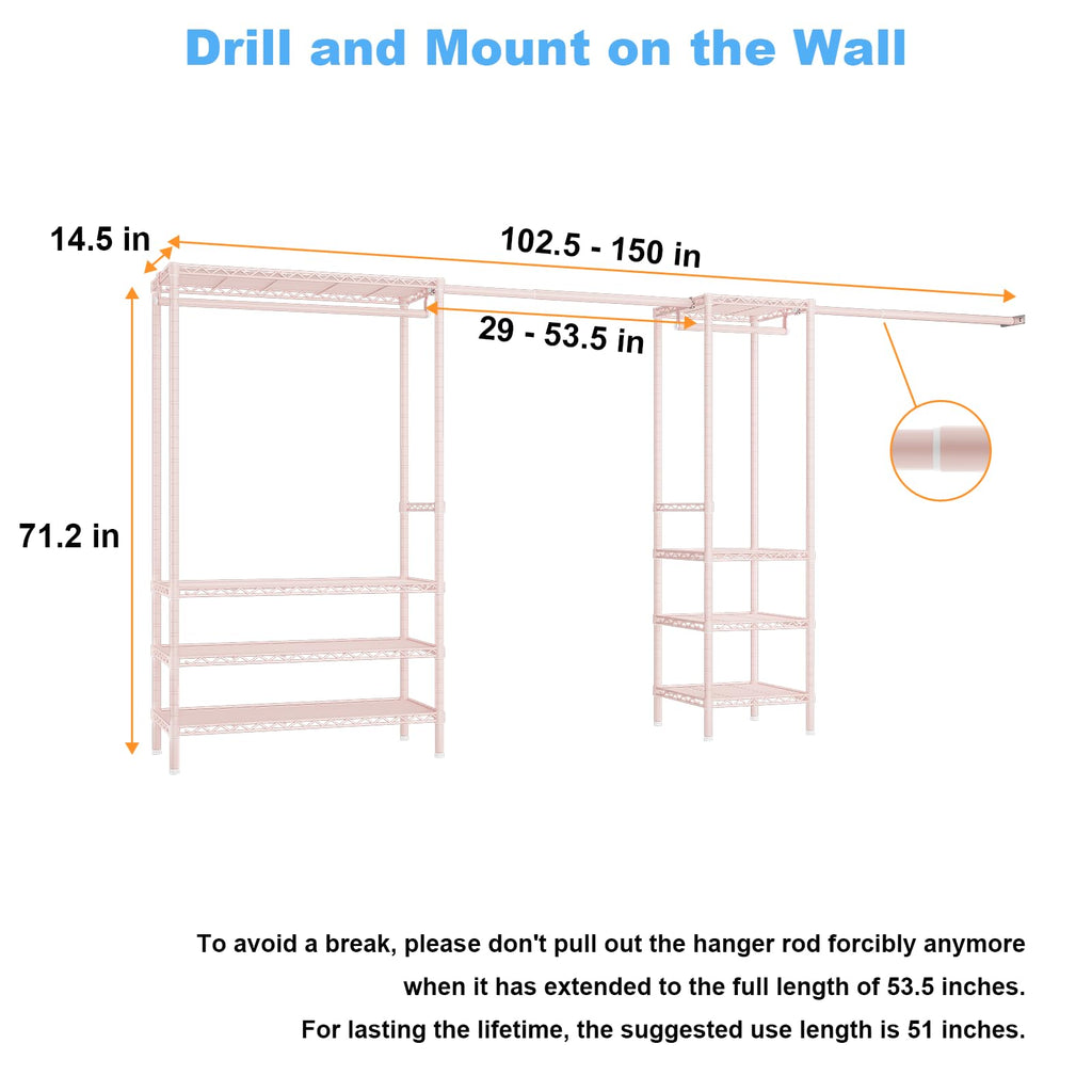 E11 Heavy-Duty Closet Garment Rack, Metal Clothes Rack, Load 1034lbs