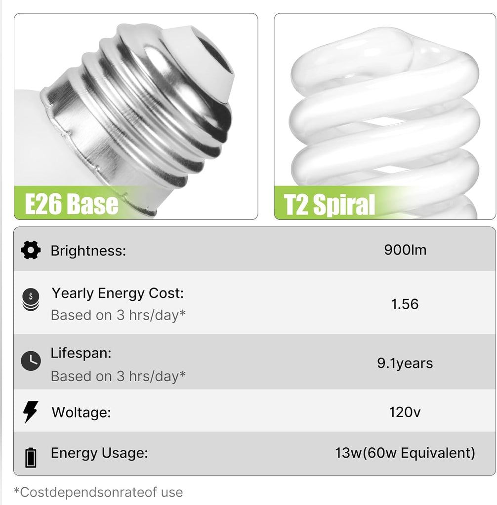 CFL Light Bulbs E26 Base T2 Spiral 13W 2700K Warm White