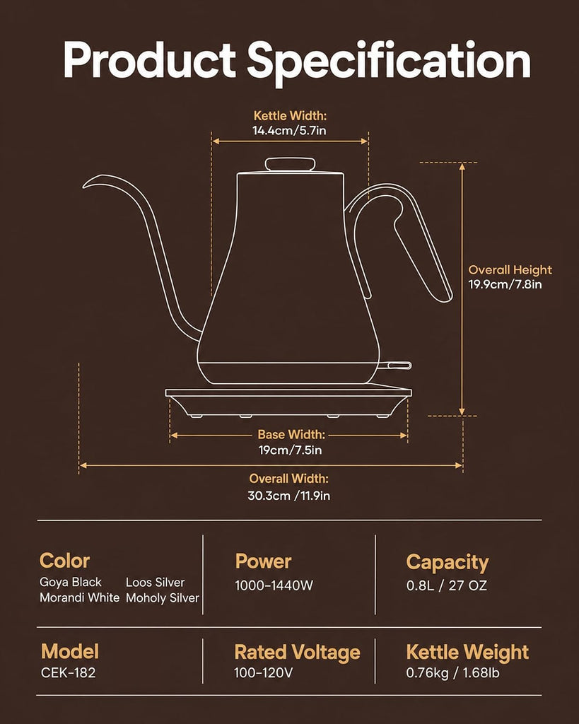 Gooseneck Electric Kettle 0.8L, Fast Boil Pour Over Coffee, Tea | 1440W Fast Boil, 304 Stainless Steel Interior