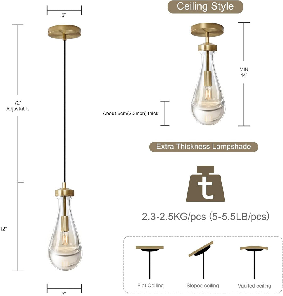 Raindrop Pendant Lights Kitchen Island Set of 2 Teardrop Gold Hanging Light Fixtures Clear Solid Glass Pendant Light Modern Chandeliers for Dining Room Porch Corridor Living Room A121-B0BN153DB9