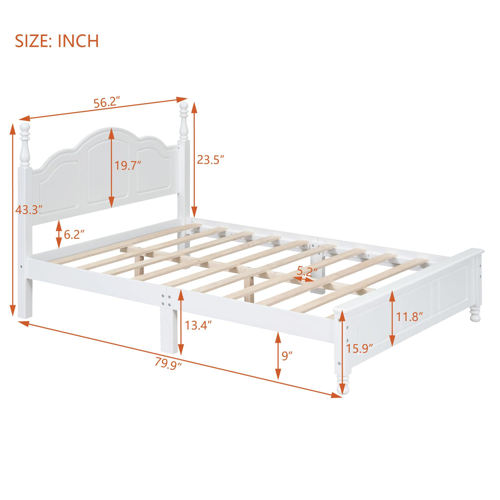 Wood Platform Bed Frame, Retro Style Wooden Bed with Headboard, Solid Pine Wood Construction, Wooden Slat