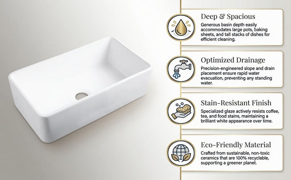 33-inch White Single Bowl Farmhouse Kitchen Sink Countertop with Vertical Double Bowl - Includes Drain and Drain Rack