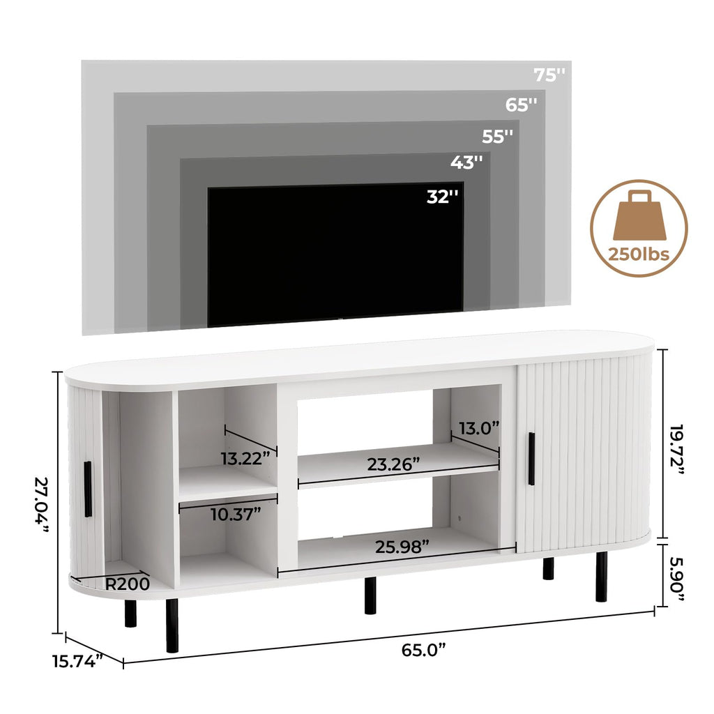 65'' Fluted TV Stand-Curved TV Cabinet with Storage, Sliding Doors & Adjustable Shelves-Modern Entertainment Center