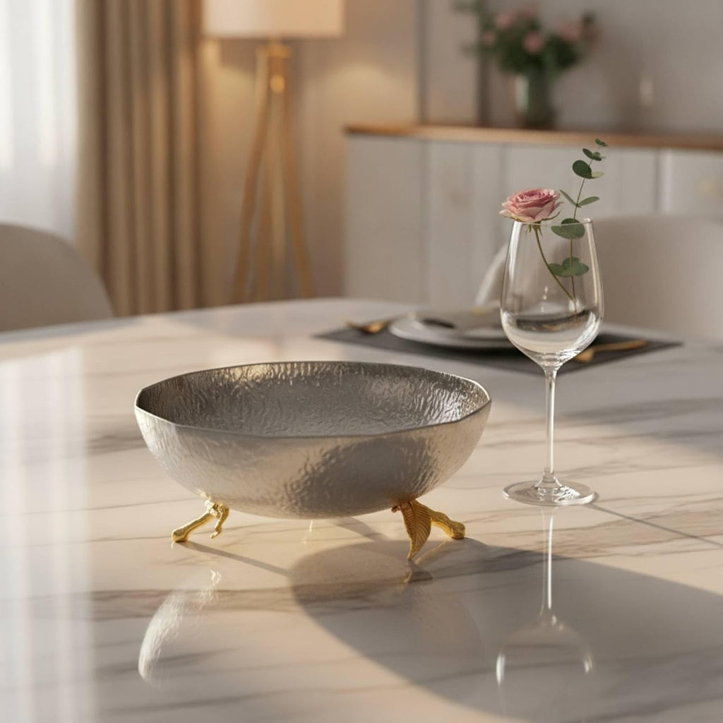 Decorative Metal Bowl with Stand Sculptural Stainless Steel Bowl Contemporary Luxury Stylists, Hosts, Dining Table
