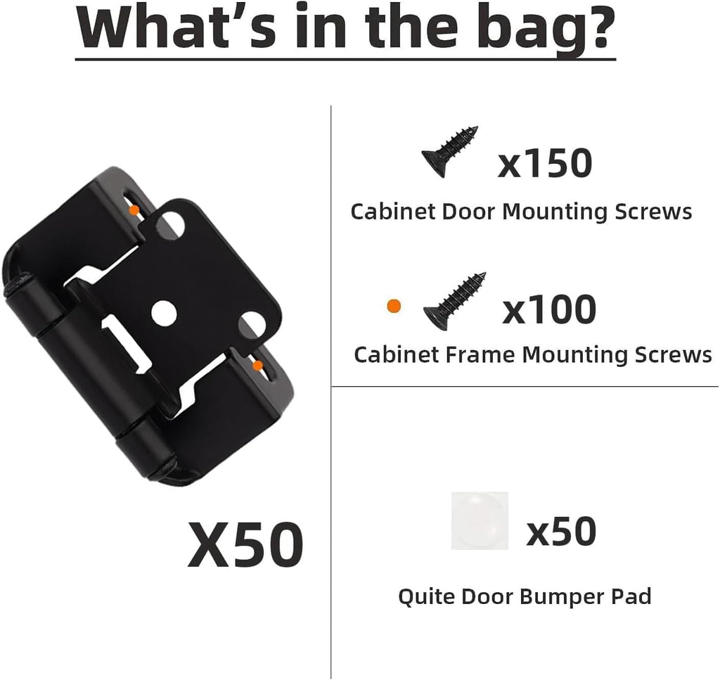 2 Pack 1/2" Overlay Black Cabinet Hinges for Cabint Doors (1 Pairs) - Partial Wrap Semi-Concealed Self-Closing Face