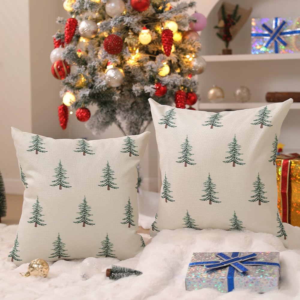 Christmas Pillow Covers 20x20 inch Christmas Tree Decorative White Throw Pillow Covers Winter Famliy - Set of 2