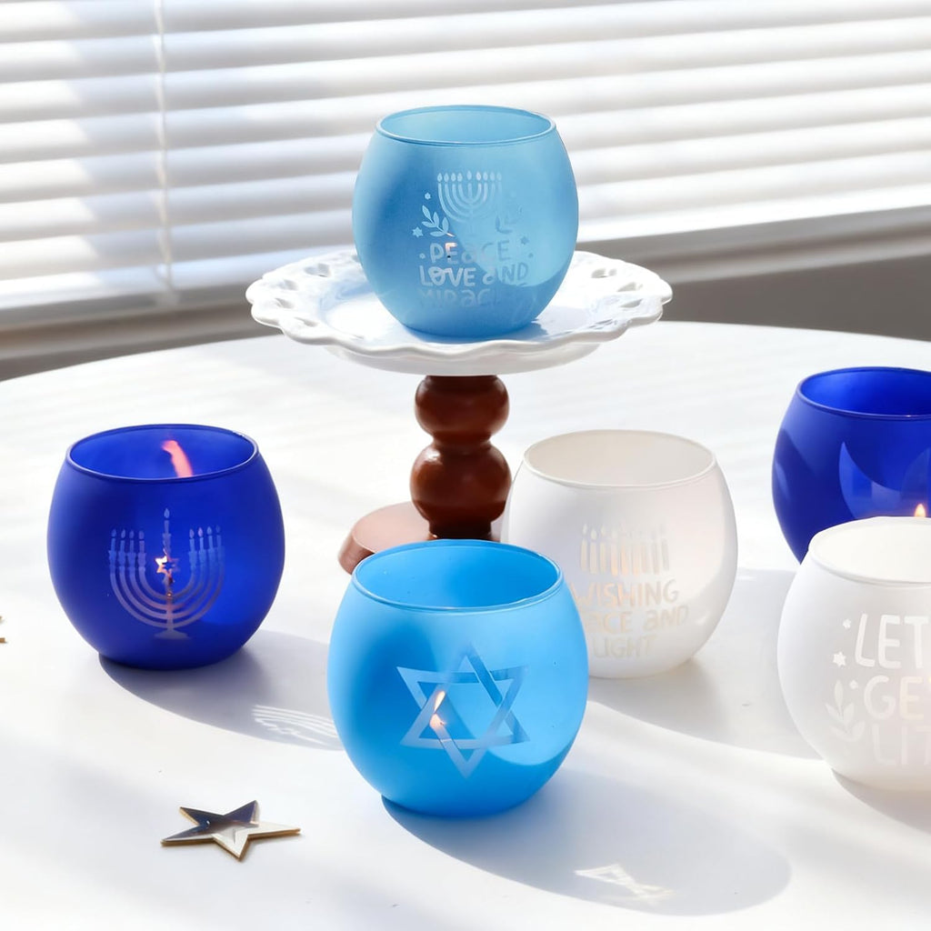 Hanukkah Decorations Indoor Tealight Votive Candle Holders with , Star of David for Jewish Holiday Decor - Blue - Set of 6