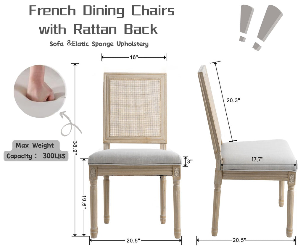 Farmhouse Dining Chairs Set of 6, French Rattan Dining Room Chairs with Distressed Wood Upholstered Vintage Side