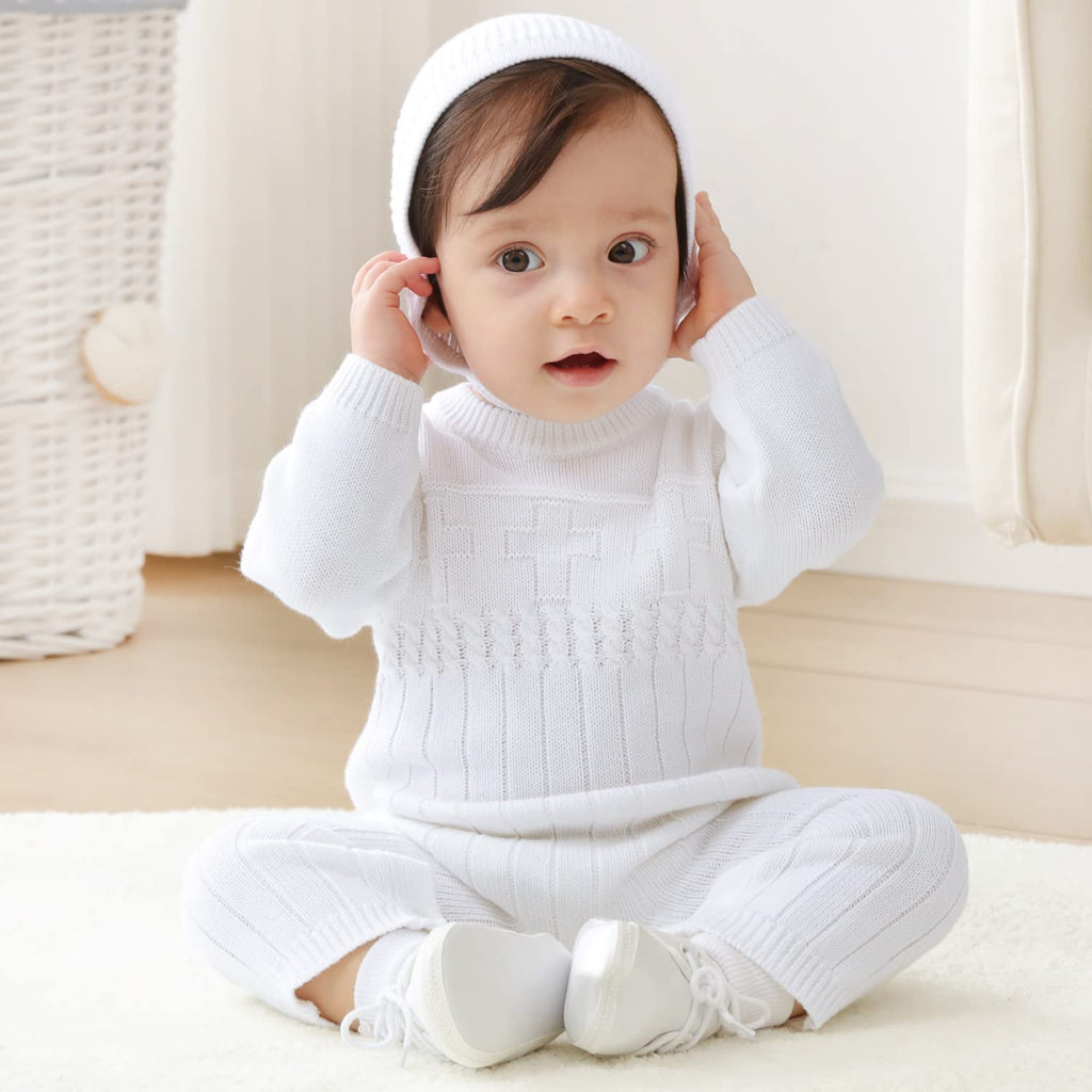 Baby Boy Baptism Outfit Baby Knit Sweater Romper Bonnet