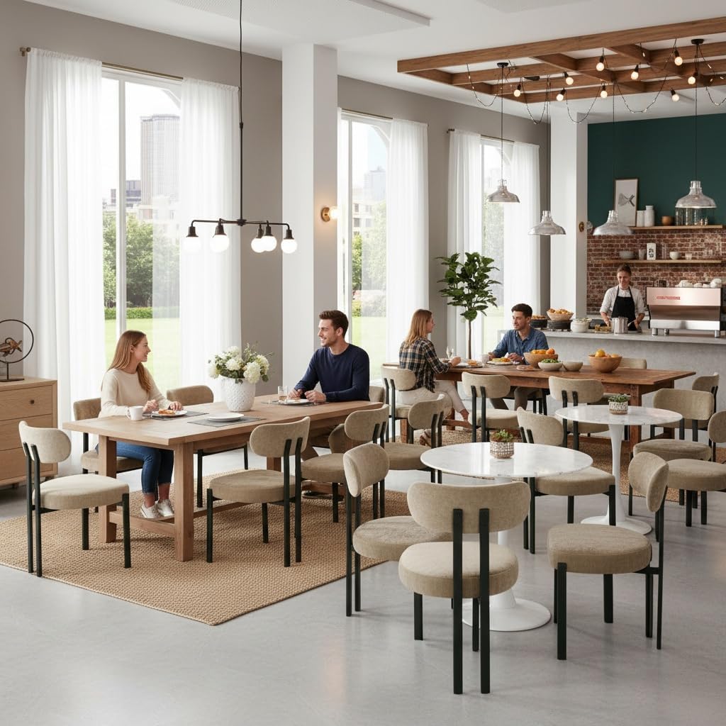 LukeAlon Chenille Dining Chairs Set of 2, Modern Curved Back Armless Kitchen Chairs with Black Metal Legs Upholstered Dining Room Chairs Reception Chairs for Living Room Office Restaurant, Khaki