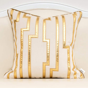 Gold Leather Striped White Throw Pillow Cover 18x18 Inch, Geometric Luxury Decorative Embroidered Velvet Pillow Cover
