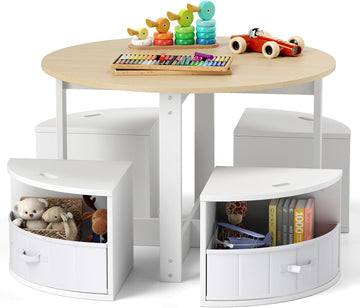 Kids Table & Chair Set, Wooden Activity Center with 4 Storage Stools, Round Nesting Desk for Art Craft Reading