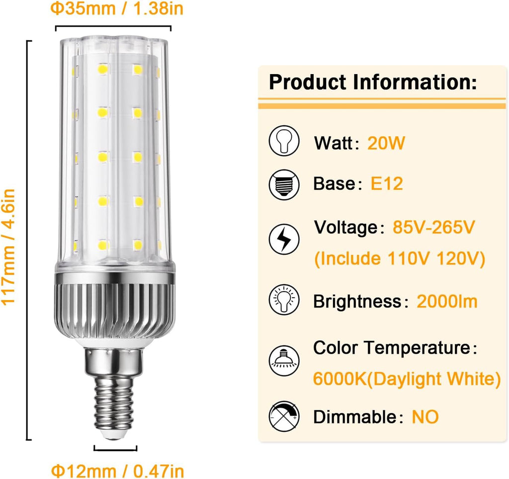 E12 LED Bulb,20W LED Candelabra Bulbs,150 Watt Equivalent, Daylight White 6000K Chandelier Bulb, E12 Base Ceiling Fan