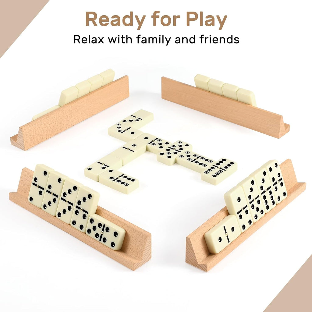 Dominoes Set Adults with 4 Wooden Racks/Trays Double Six Dominoes Travel Set with Portable Case Double 6 Dominoes Set