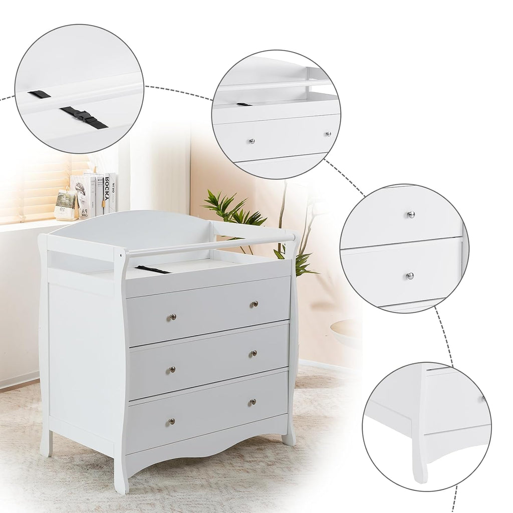 Changing Table Dresser Baby Diaper Changing Station, White | Infant Nursing Table with 3 Drawers, Safety Rail & Strap