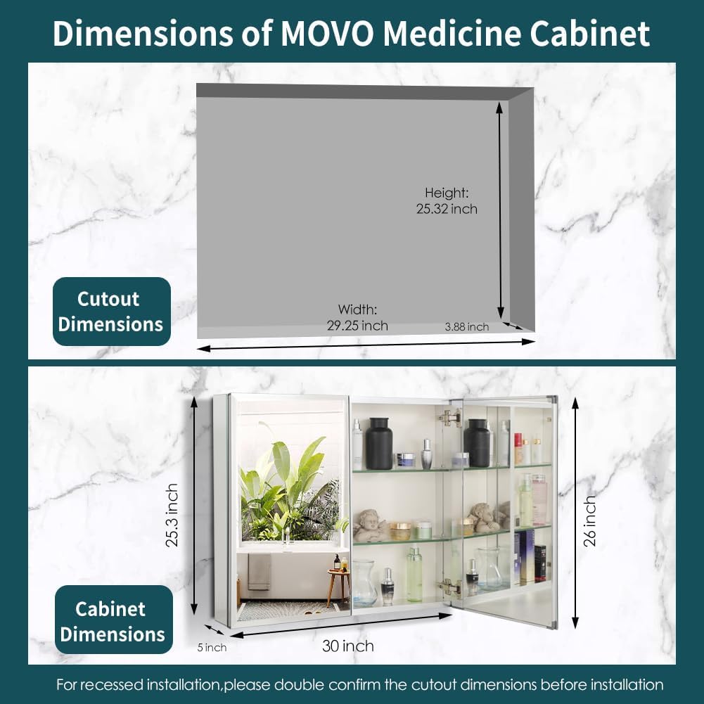 Double Doors Medicine Cabinet with Mirror, 30 inch X 26 inch Aluminum Bathroom Medicine Cabinet, Adjustable Glass