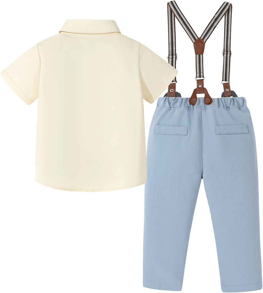 Boys Semi Formal Outfit 3pcs Sets Short Dress Shirt Suspender Pants Bow Tie for 1-5 Years