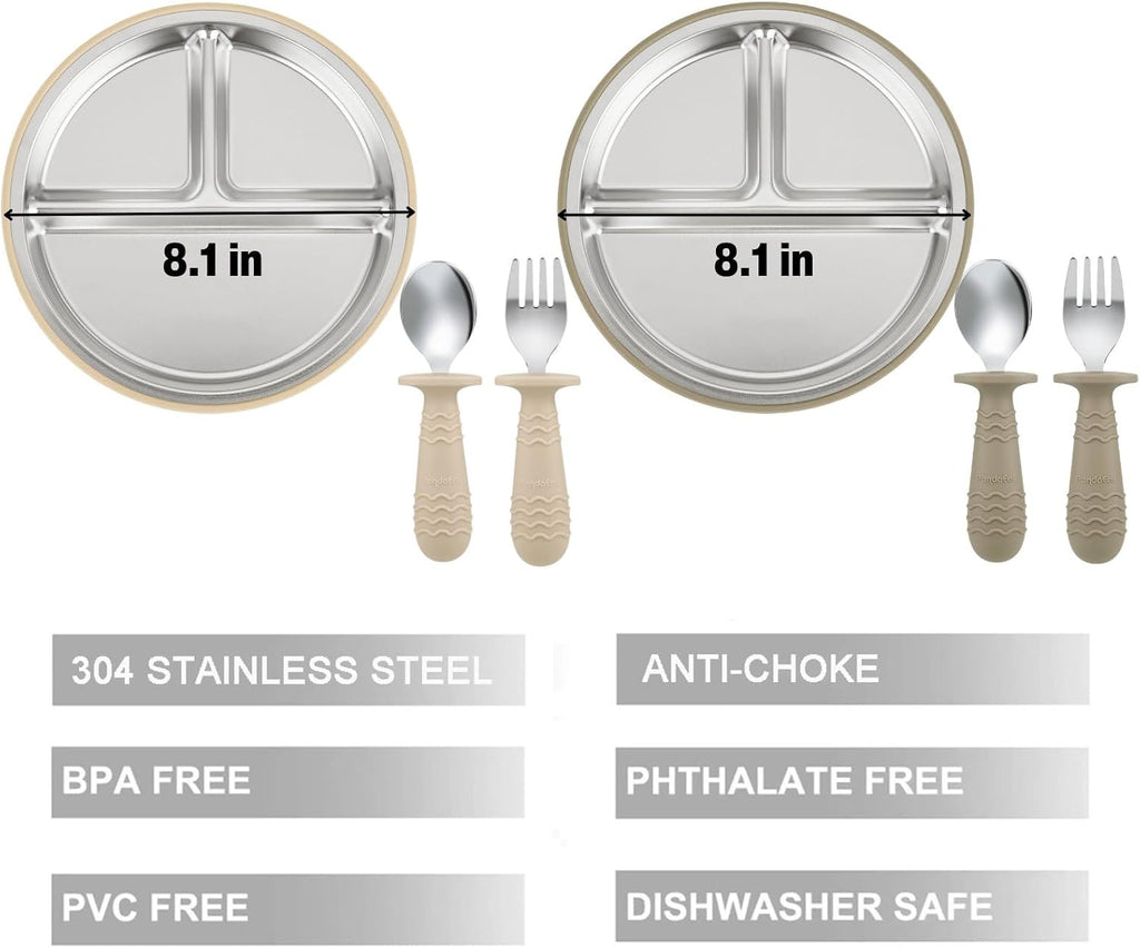 2 Pack Stainless Steel Baby Suction Plates & 2 Pack Spoons and Forks Set, Toddler Utensils Baby Feeding Set, Divided