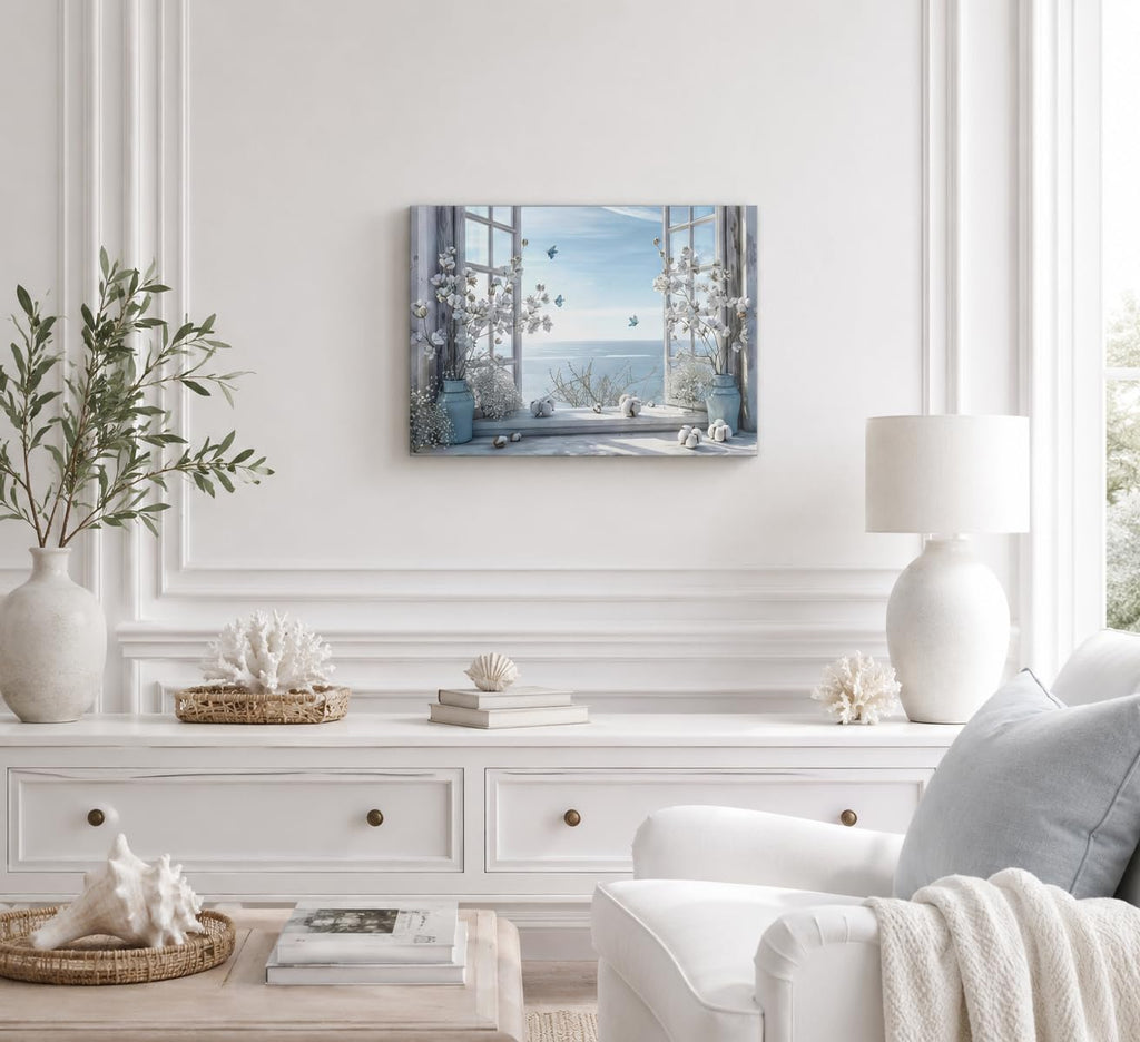 Coastal Flower Bathroom Canvas Wall Art Farmhouse Cotton Bouquet and Butterfly Bathroom on Window Wall Decor Rustic