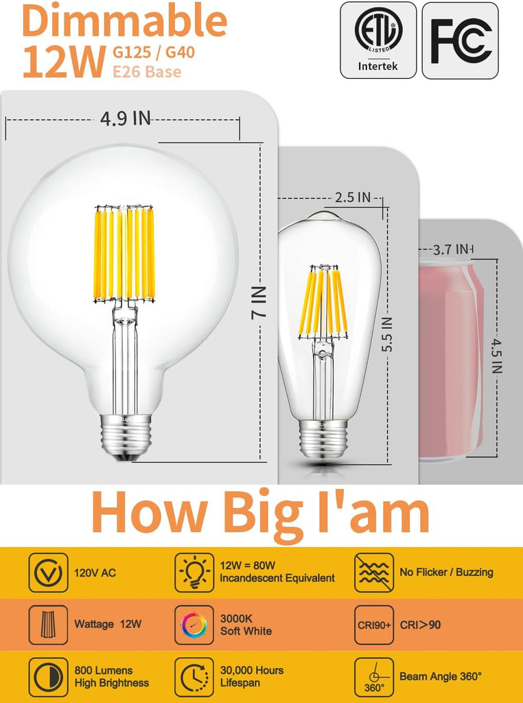 12W G125 / G40 E26 Dimmable LED Large Globe Edison Bulb, 3000K, ETL