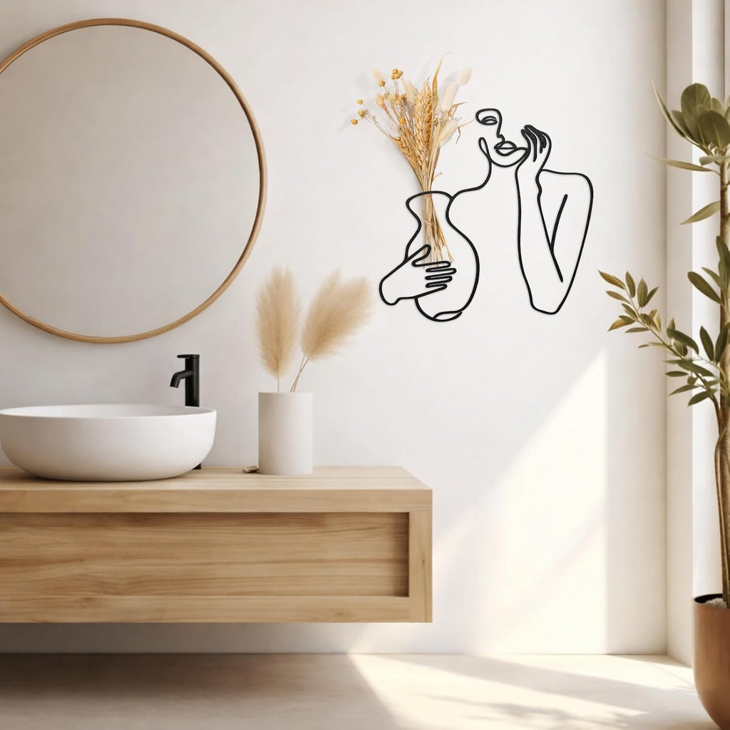 Black Metal Wall Decor, Abstract Woman Wall Art, Minimalist Line Vase Decor, Modern Aesthetic Metal Women Art Bedroom