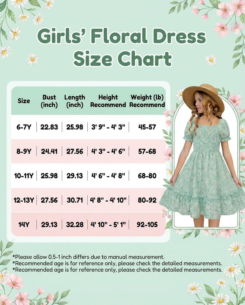 Summer Floral Smocked Dress Square Neck Puff Sleeve Ruffle School Party Teen Sundress