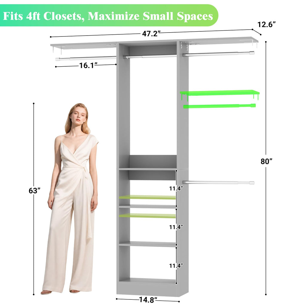 4FT Small Closet Organizer System with 4 Hanging Rods & 3 Shelves