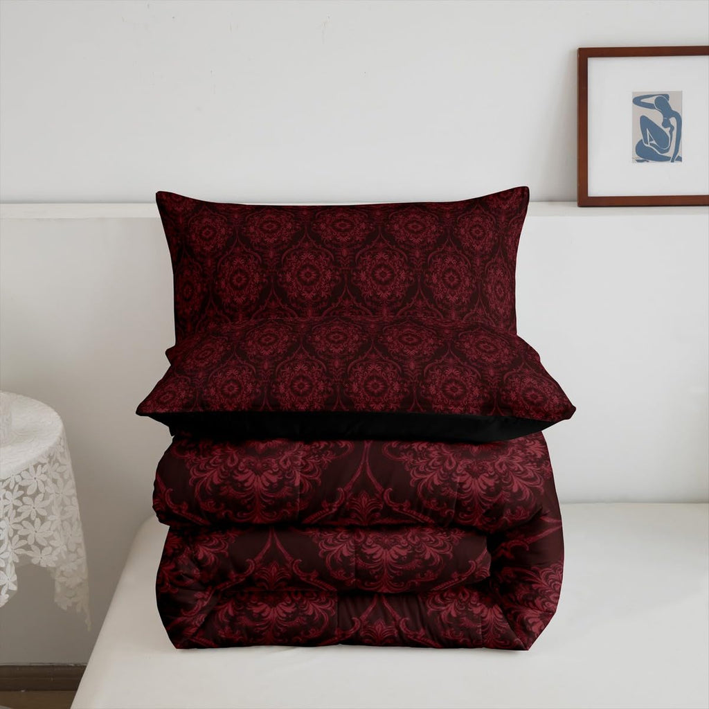 Vintage Red Gold Ombre Floral Comforter Boho Paisley Damask Bedding Comforter Set Full Victorian Baroque Gothic