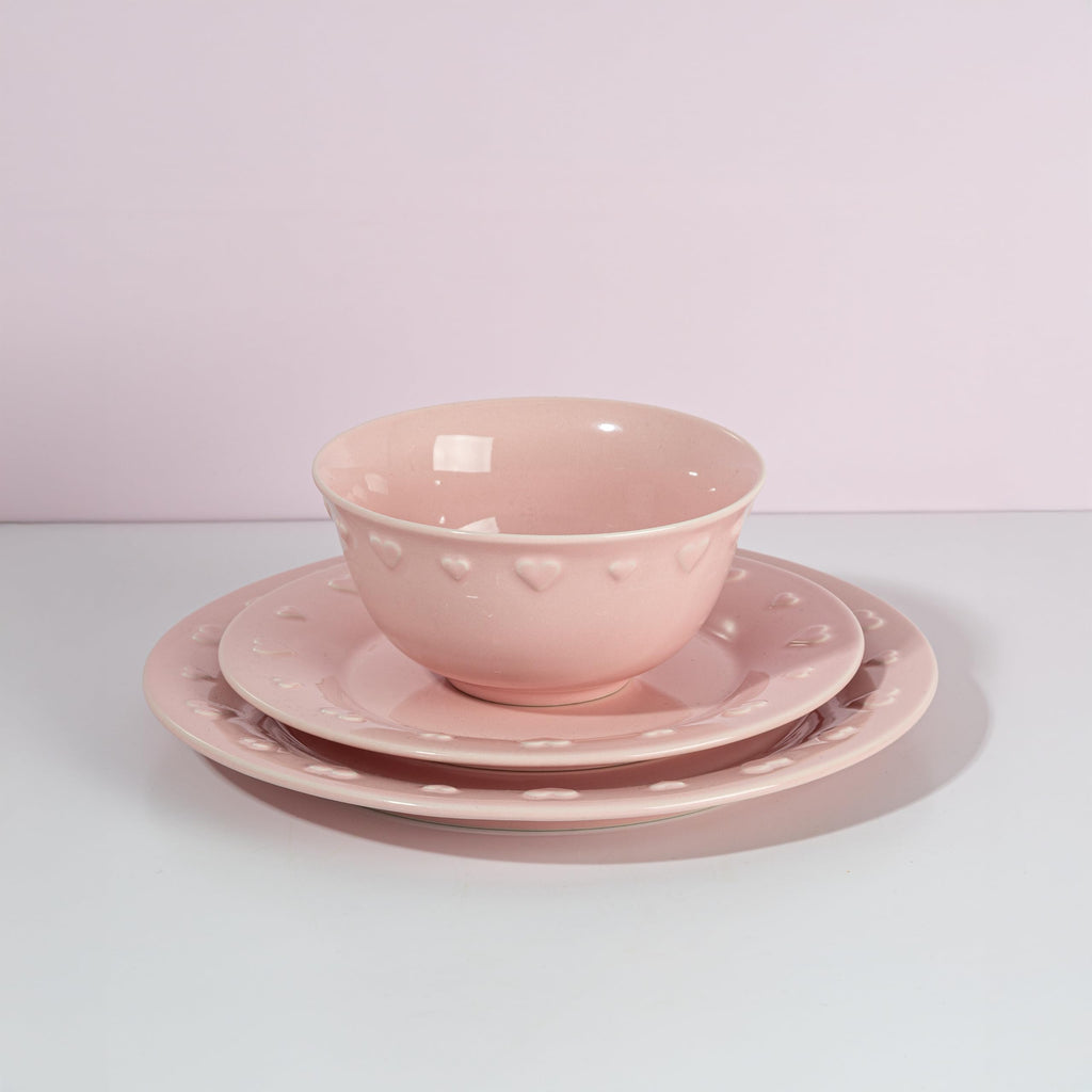 12-Piece Dinnerware Set, Embossed Hearts. Iconic Ceramic Stoneware Service for 4 with Dinner Plates, Salad Plates