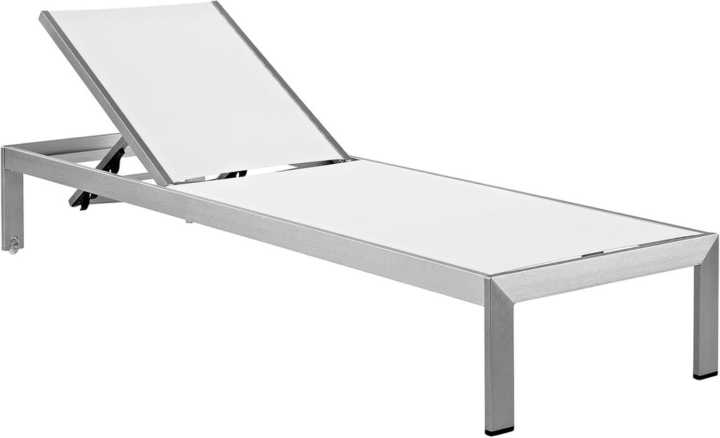 Shore Aluminum Textilene Mesh Outdoor Patio Four Poolside Chaise Lounge Chairs in Silver White