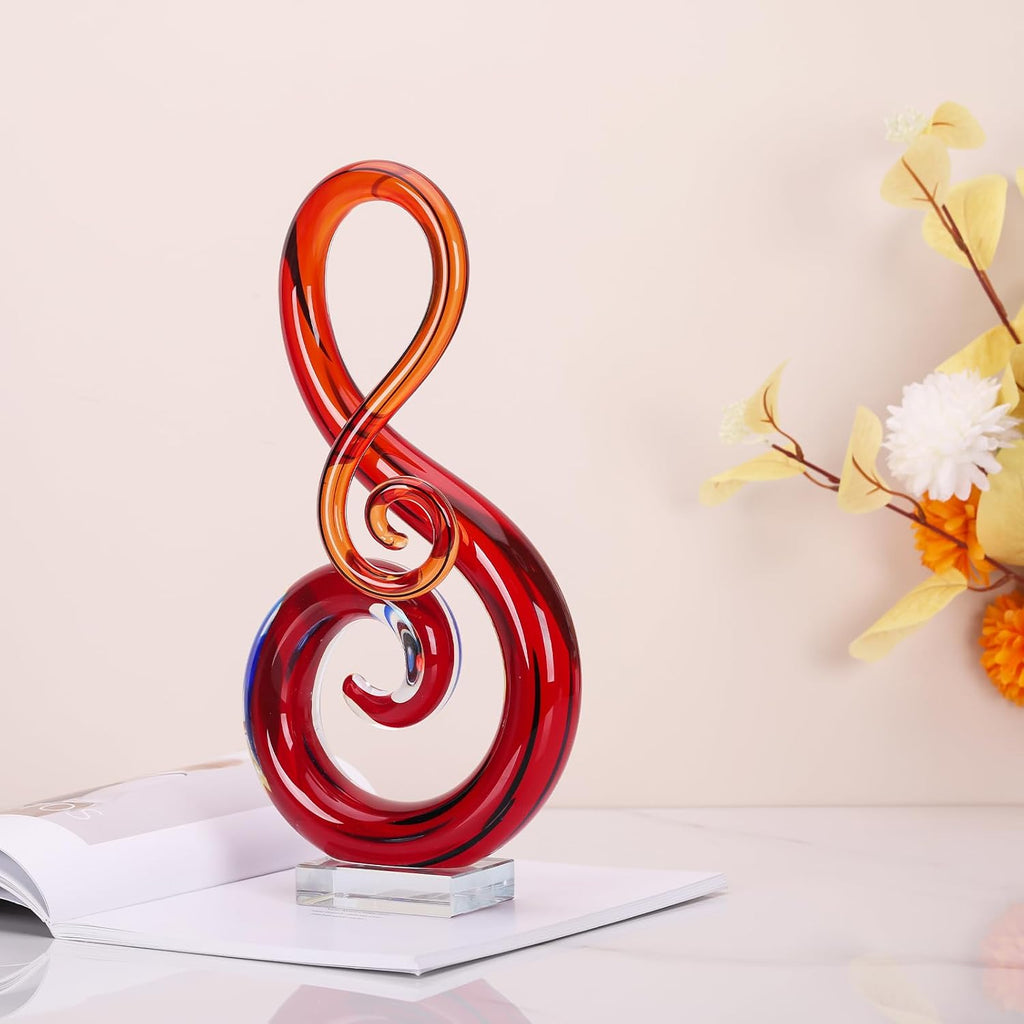 13" H Large Glass Sculpture Red Hand Blown s Art Music Decor, Modern Red Glasses Decor Crystals Statue