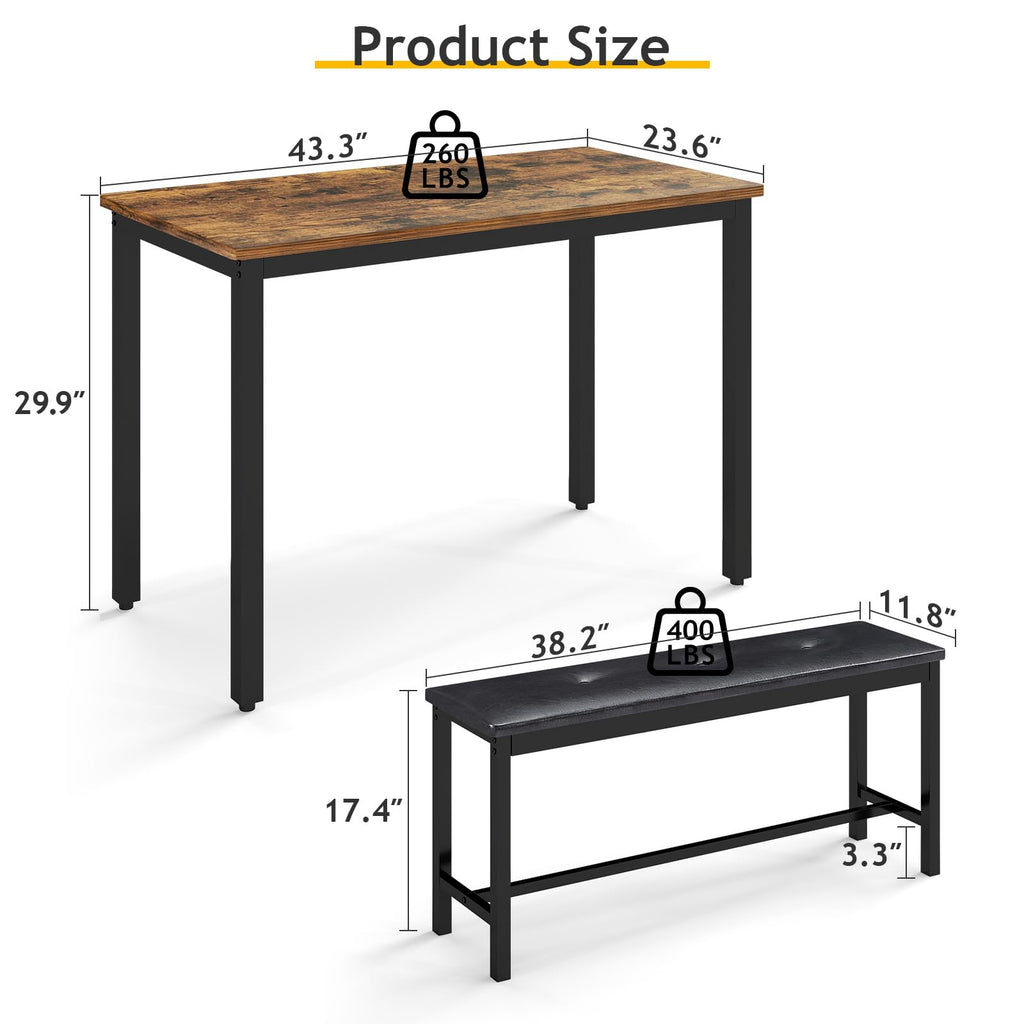 Dining Room Table Bench Set for 4, Modern Space Saving Kitchen Table with with 2 Upholstered Benches & Adjustable