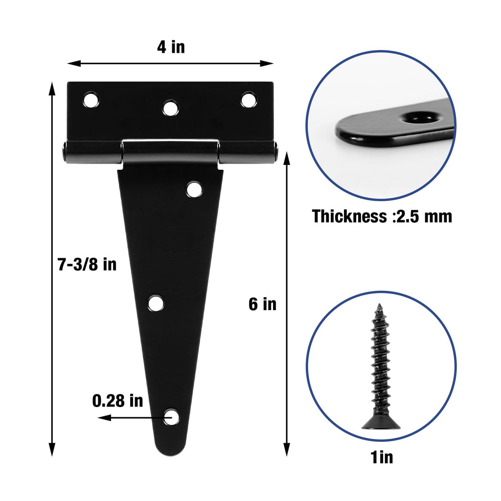 T Strap Black Gate Door Hinges 6 Inch for Wood Shed 2.5mm 4 Pack