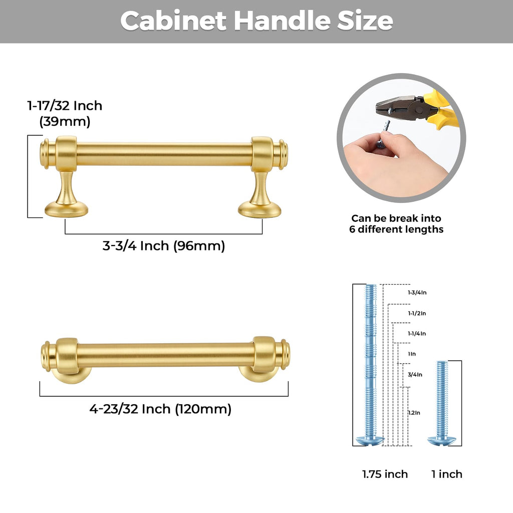 2 Pack Brushed Gold Cabinet Handles, 3-3/4" Hole Center Drawer Pulls