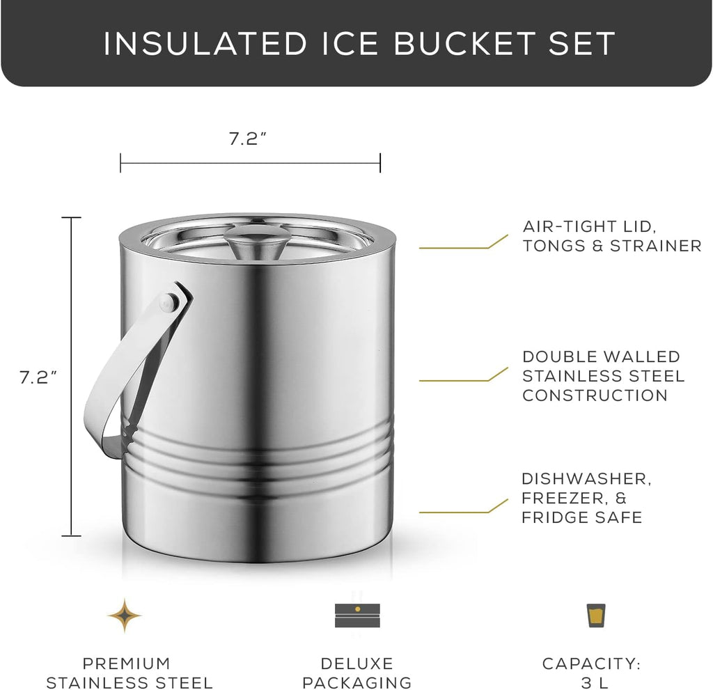 Metal Double Wall Ice Bucket with Lid, Ice Tongs and Strainer. 3L Insulated Ice Bucket for Cocktail Bar, Wine, Home - Set of 3