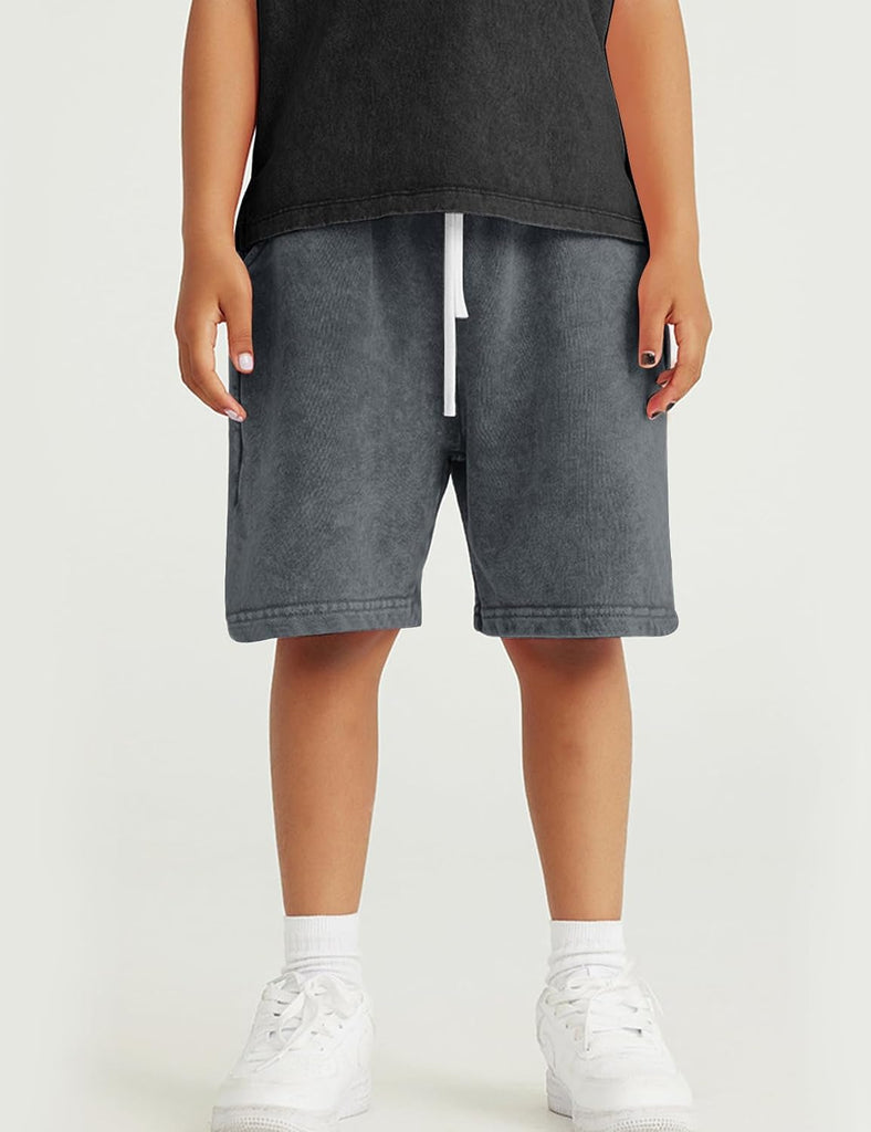 Boys Shorts Cotton Acid Washed Summer Athletic Jogger Shorts Unisex Kids Casual Loose Active Shorts with Pockets