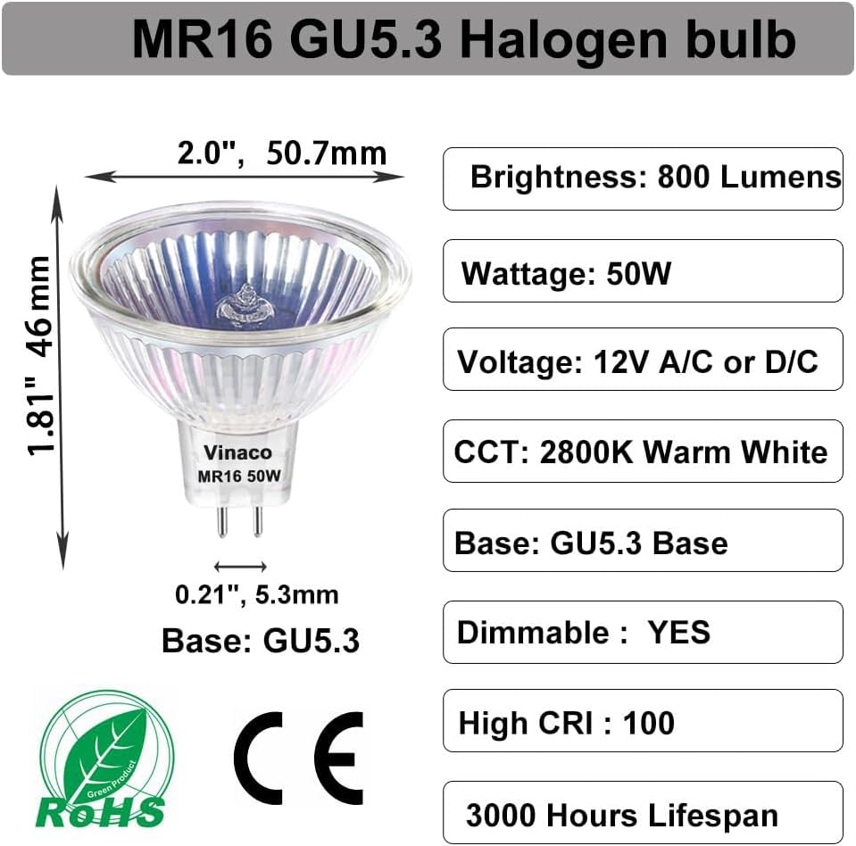 MR16 Halogen Bulb 50W 12V GU5.3 Base 2800K for Track Lights