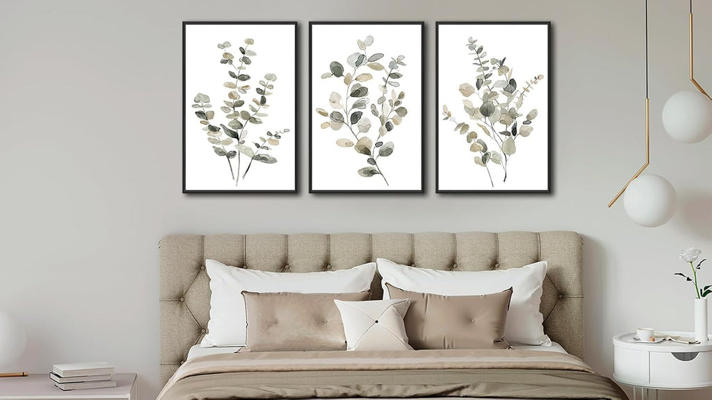 Large Framed Botanical Wall Art - Eucalyptus Leaf Wall Decor Set of 3 Taupe Simple Life Painting Prints