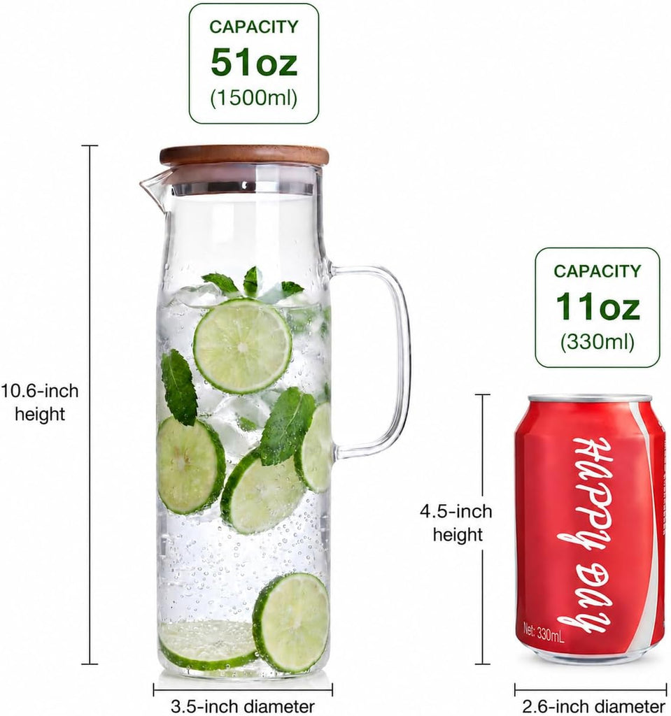 Glass Pitcher with Lid Glass Water Carafe with Handle, Fridge Water Jug Cold or Hot Beverages, Iced Tea, Milk, Juice