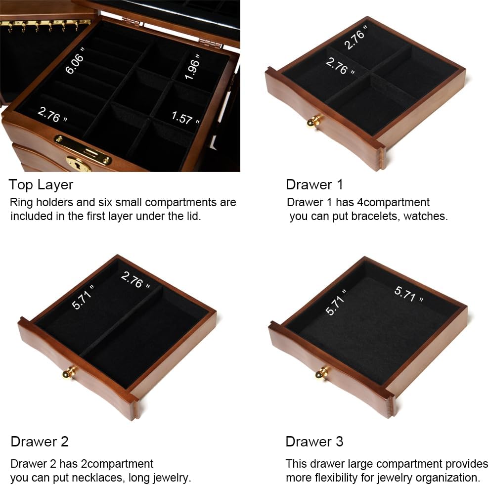 Wooden Jewelry Box for Women, Solid Wood Jewelry Organizer with Mirror and 3-Drawer, Ring,Necklacel,Vintage Style