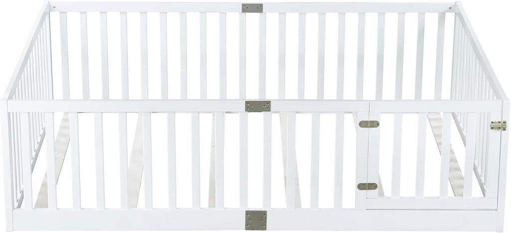 Toddler Floor Bed with Door&High Rails, White
